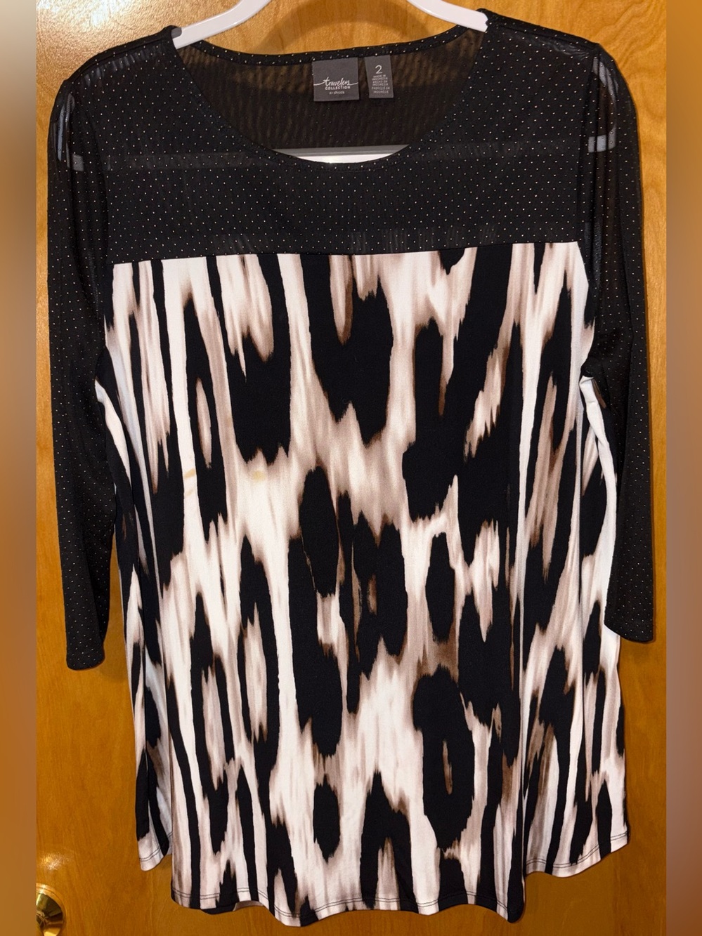 Chico’s Travelers animal print/studded mesh jersey knit top Size 2 sheer mesh